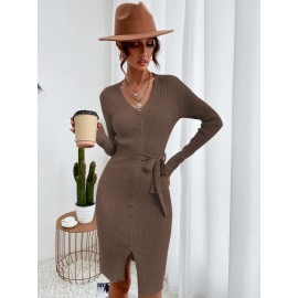 Button Through Belted Bodycon Sweater Dress