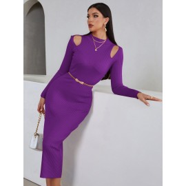 Cut Out Ribbed Knit Sweater Dress Without Belt