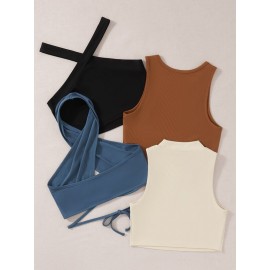 2pcs Letter Graphic Tank Top & 2pcs Halter Top