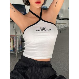 Letter Graphic Contrast Binding Halter Top