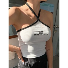 Letter Graphic Contrast Binding Halter Top