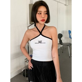 Letter Graphic Contrast Binding Halter Top