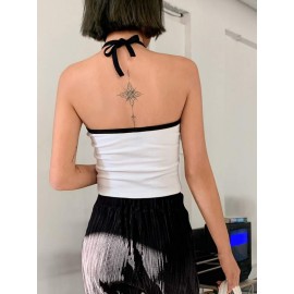 Letter Graphic Contrast Binding Halter Top