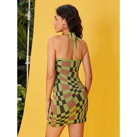 Geo Pattern Halter Neck Backless Sweater Dress