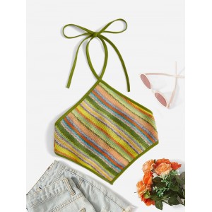 Halter Neck Striped Tie Backless Crop Top