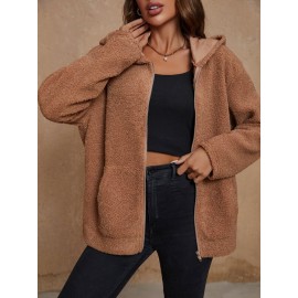 Zip Up Drop Shoulder Hooded Teddy Coat
