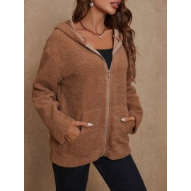 Zip Up Drop Shoulder Hooded Teddy Coat