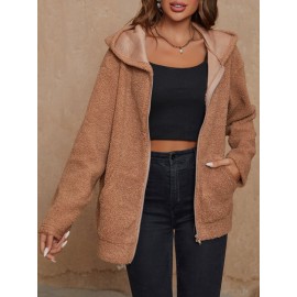 Zip Up Drop Shoulder Hooded Teddy Coat