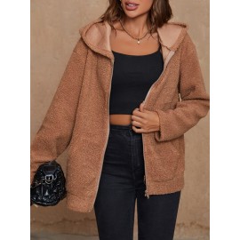 Zip Up Drop Shoulder Hooded Teddy Coat